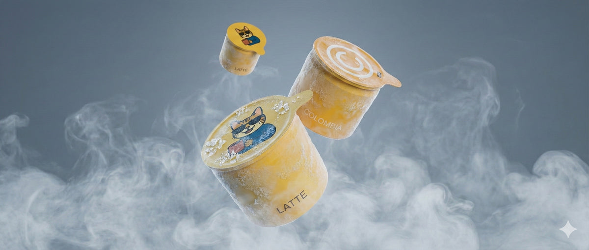 Fotografía macro de un cubo de café disolviéndose en agua formando un patrón veteado como si fuera un espresso.