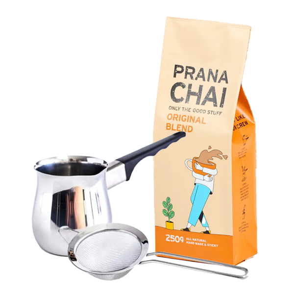 Kit de démarrage Prana Chai - 250 g de thé Prana Chai, mélange Masala, pot et passoire